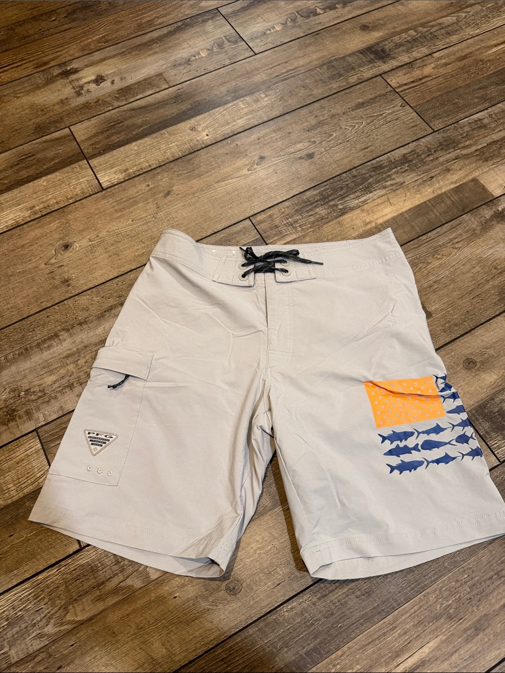 Men's Light Gray Swim Shorts with Blue Shark Print